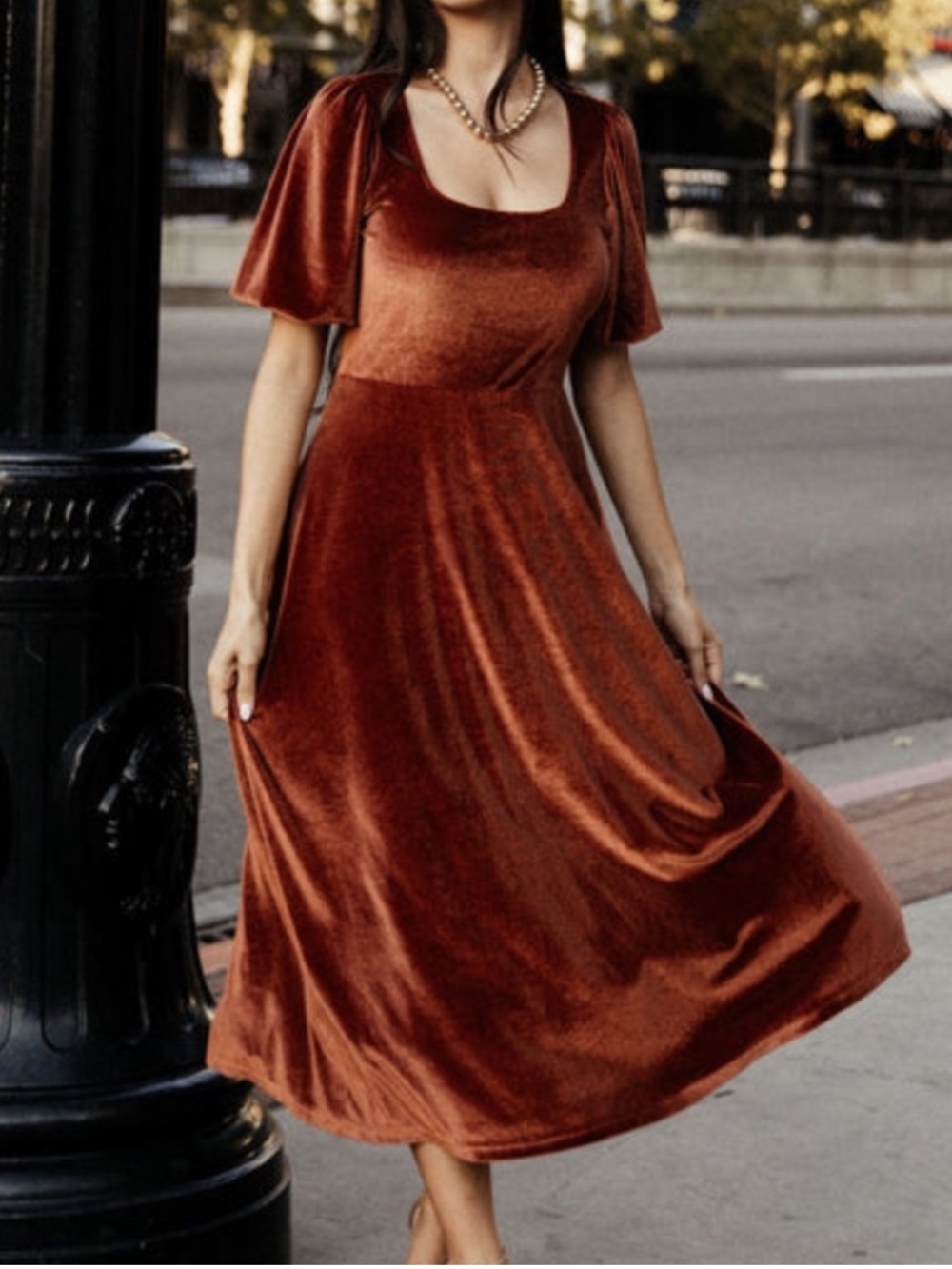 Baltic Born Rust Velvet Midi Dress with Scoop Neckline
